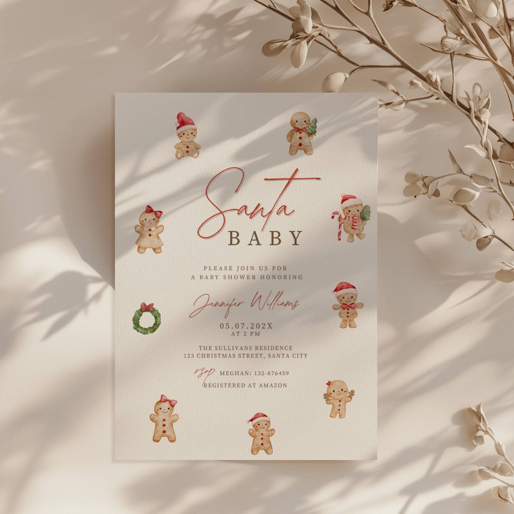 christmas baby shower invitation with cute gingerbread characters and festive red accents