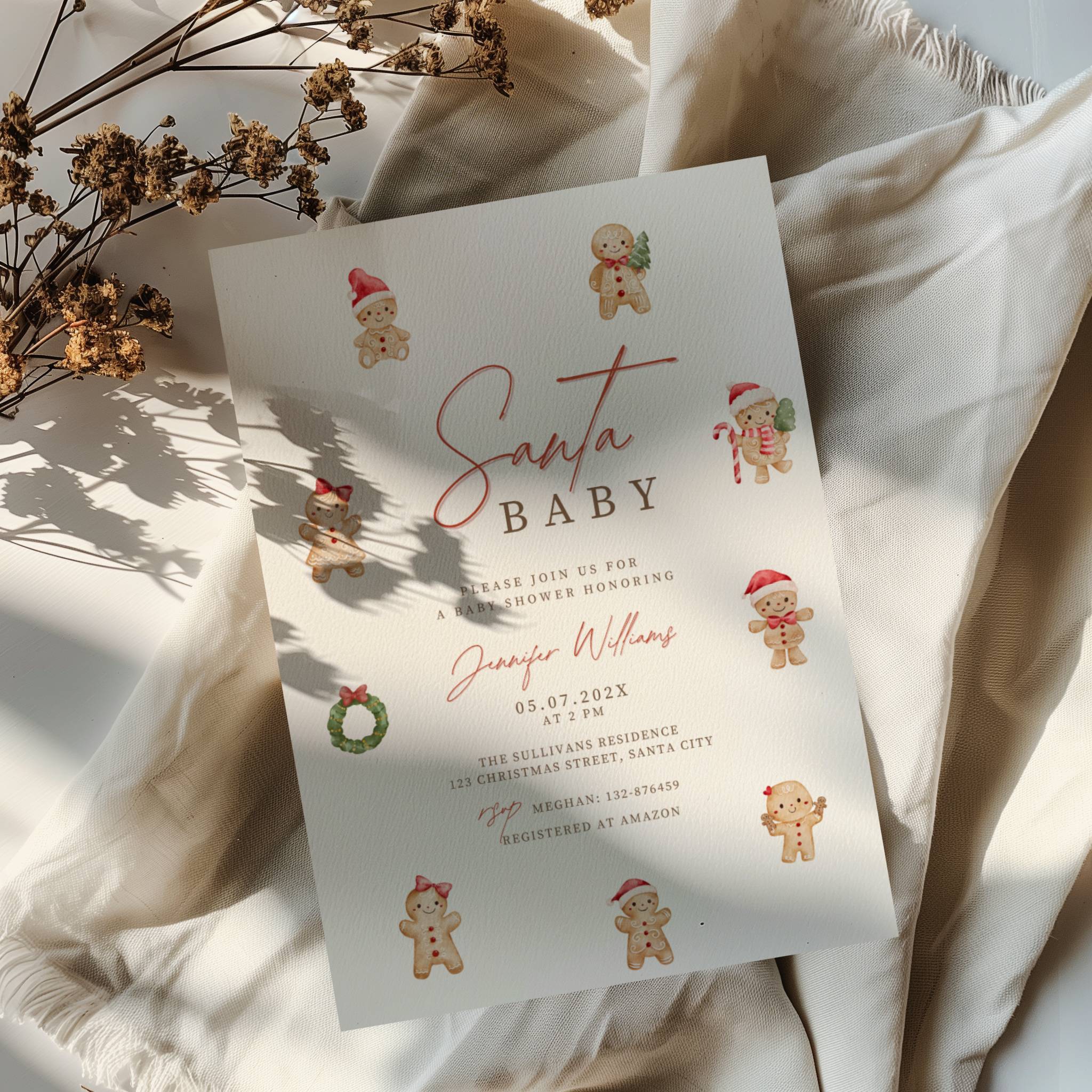 christmas baby shower invitation with cute gingerbread characters and festive red accents