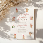 christmas baby shower invitation with cute gingerbread characters and festive red accents
