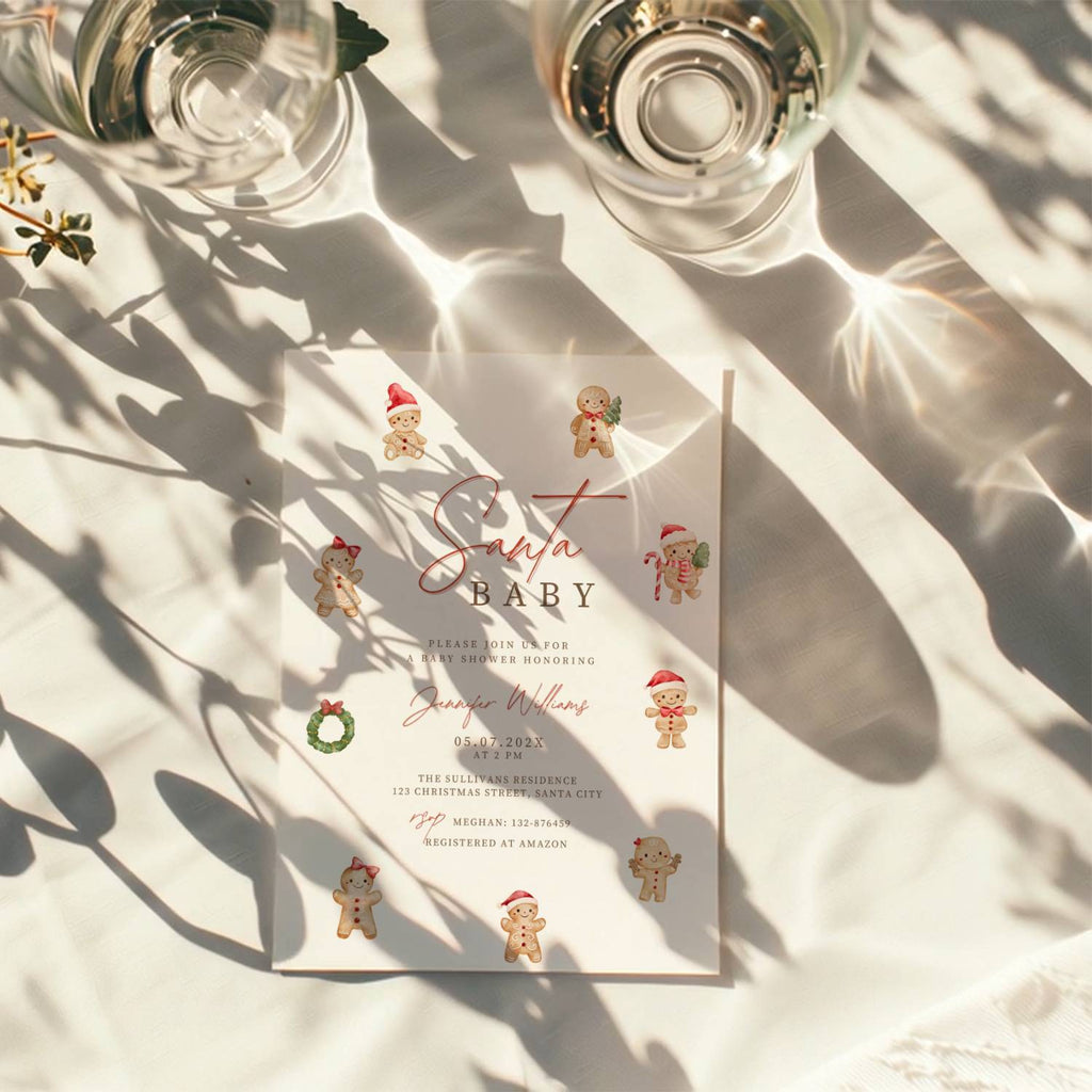 christmas baby shower invitation with cute gingerbread characters and festive red accents