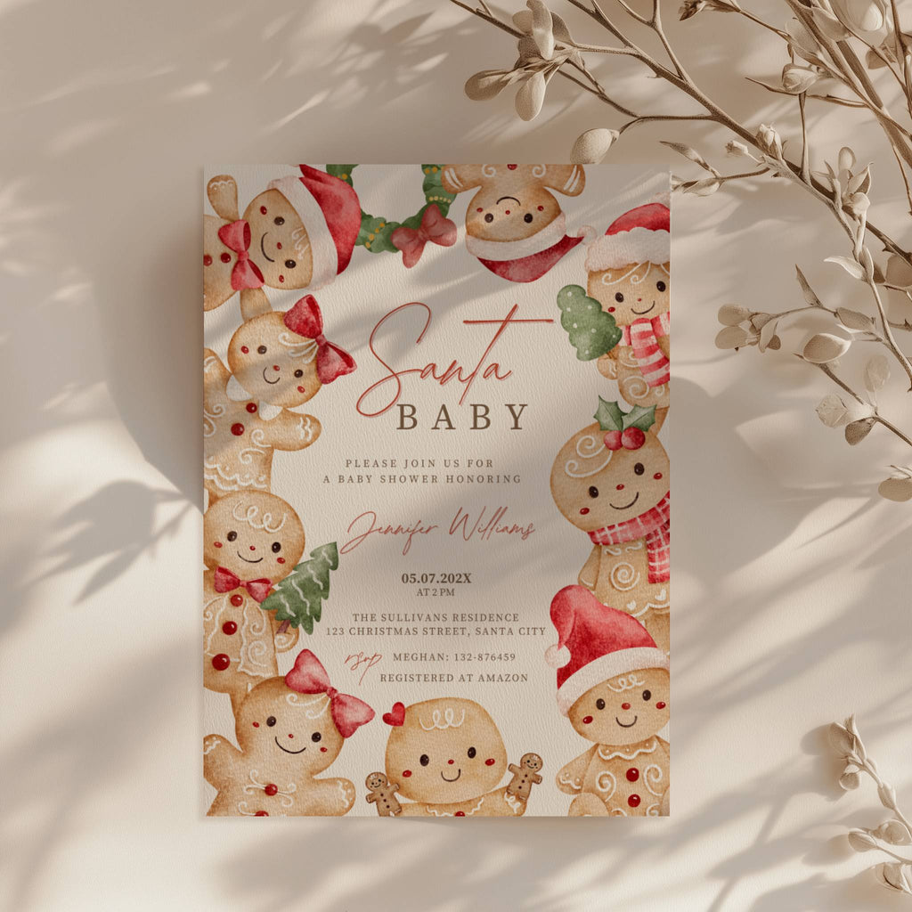 christmas baby shower invitation with cute gingerbread border and festive red accents