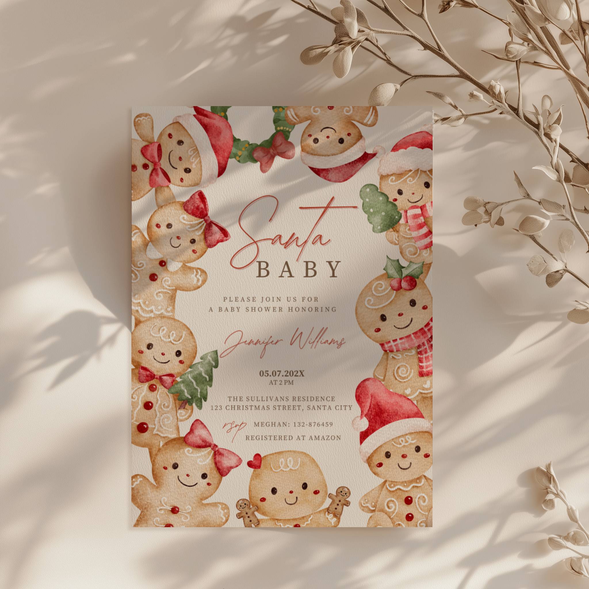 christmas baby shower invitation with cute gingerbread border and festive red accents