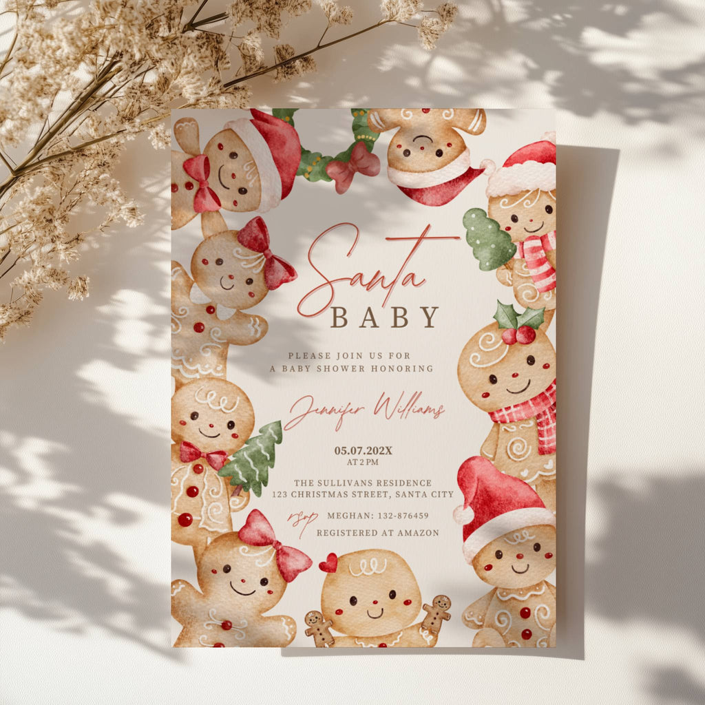 christmas baby shower invitation with cute gingerbread border and festive red accents
