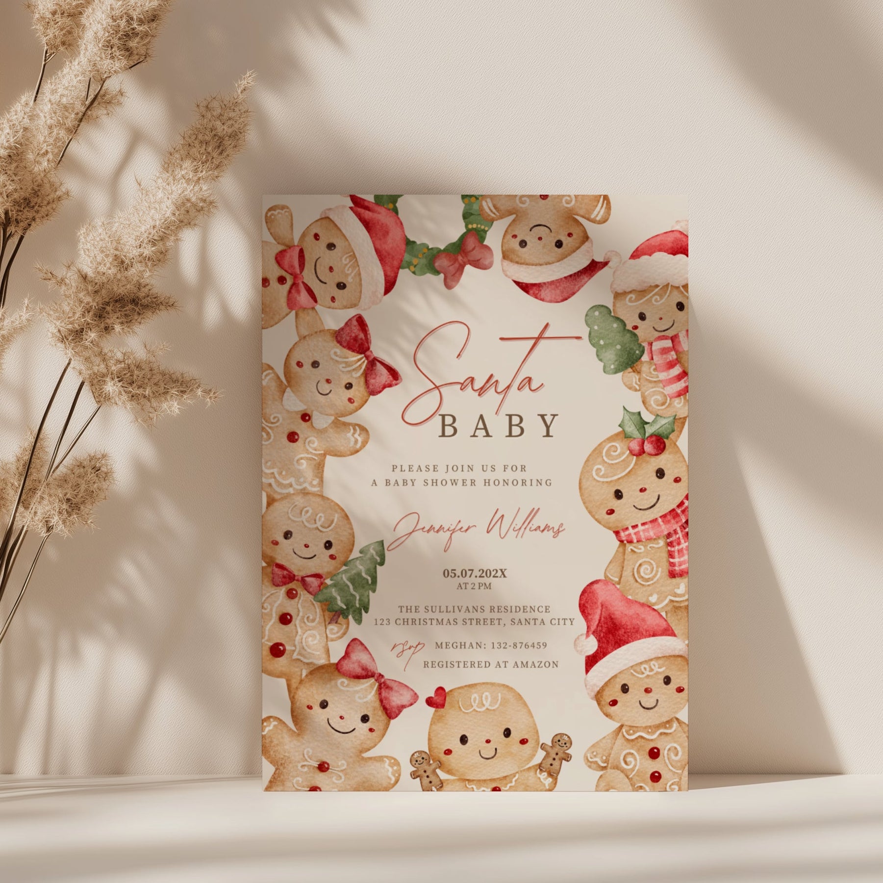 christmas baby shower invitation with cute gingerbread border and festive red accents