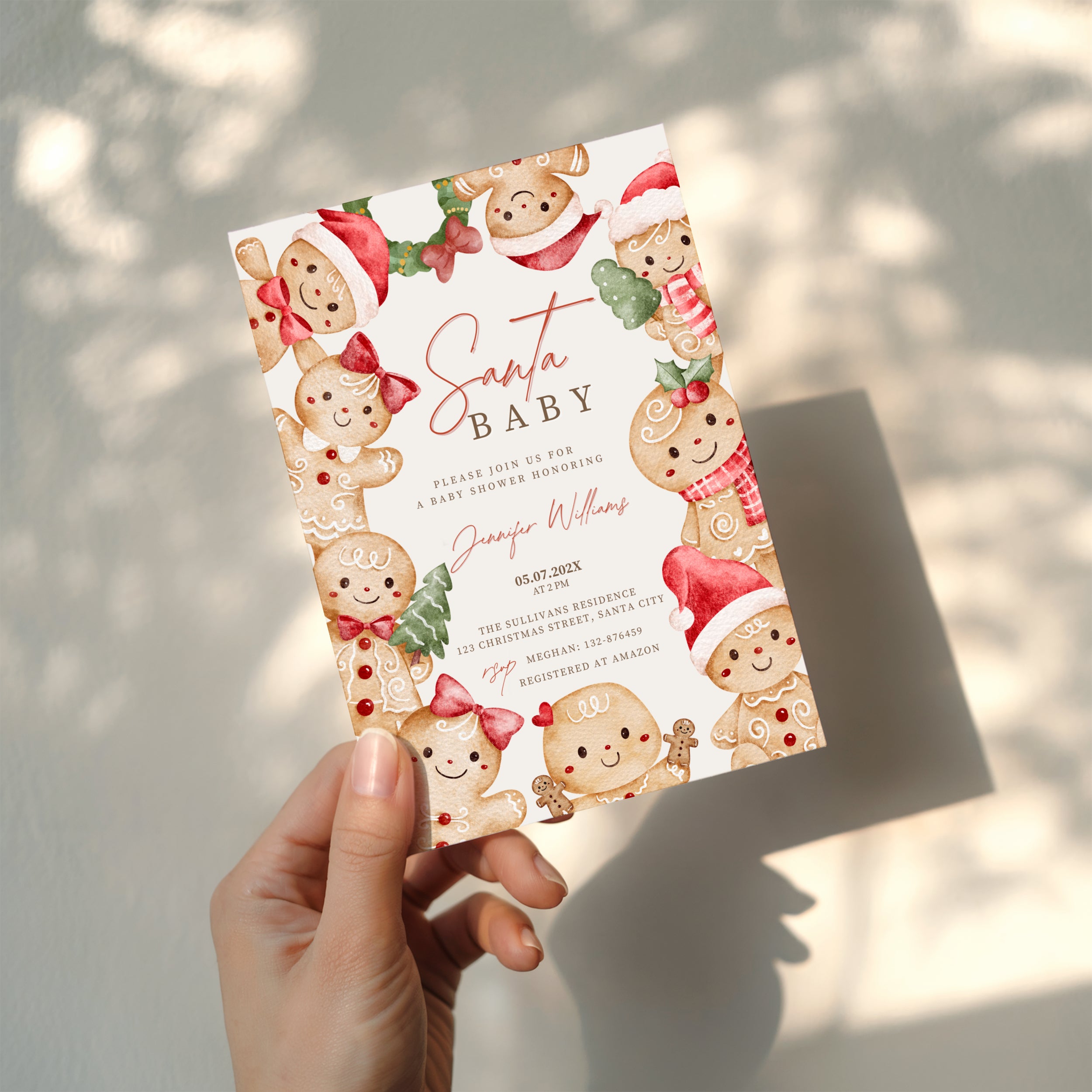 christmas baby shower invitation with cute gingerbread border and festive red accents