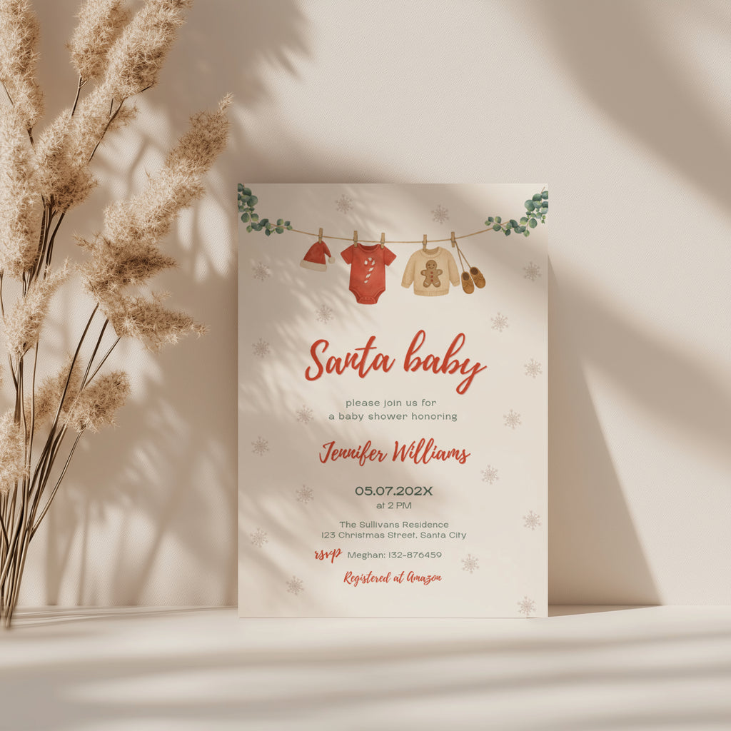 santa baby shower invitation with clothesline illustration and winter snowflake background