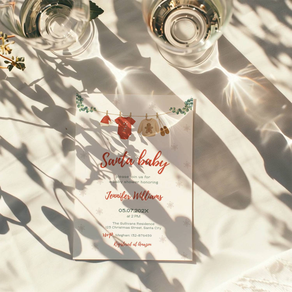 santa baby shower invitation with clothesline illustration and winter snowflake background
