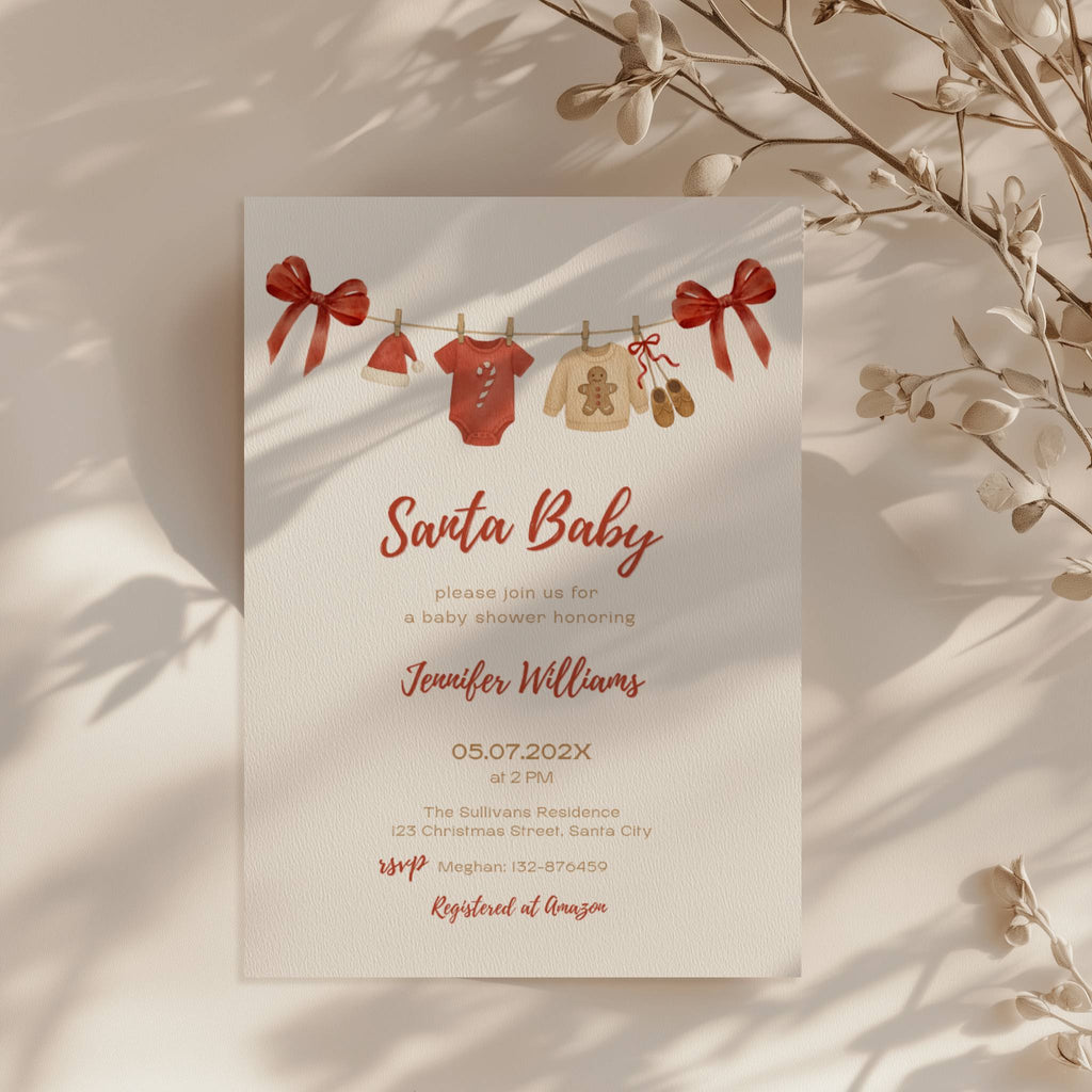 santa baby shower invitation with red bows and watercolor baby clothesline illustration