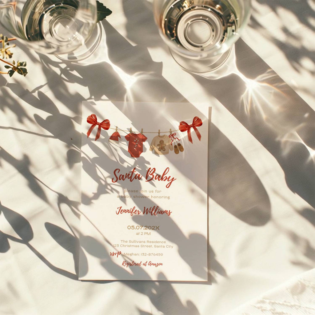 santa baby shower invitation with red bows and watercolor baby clothesline illustration