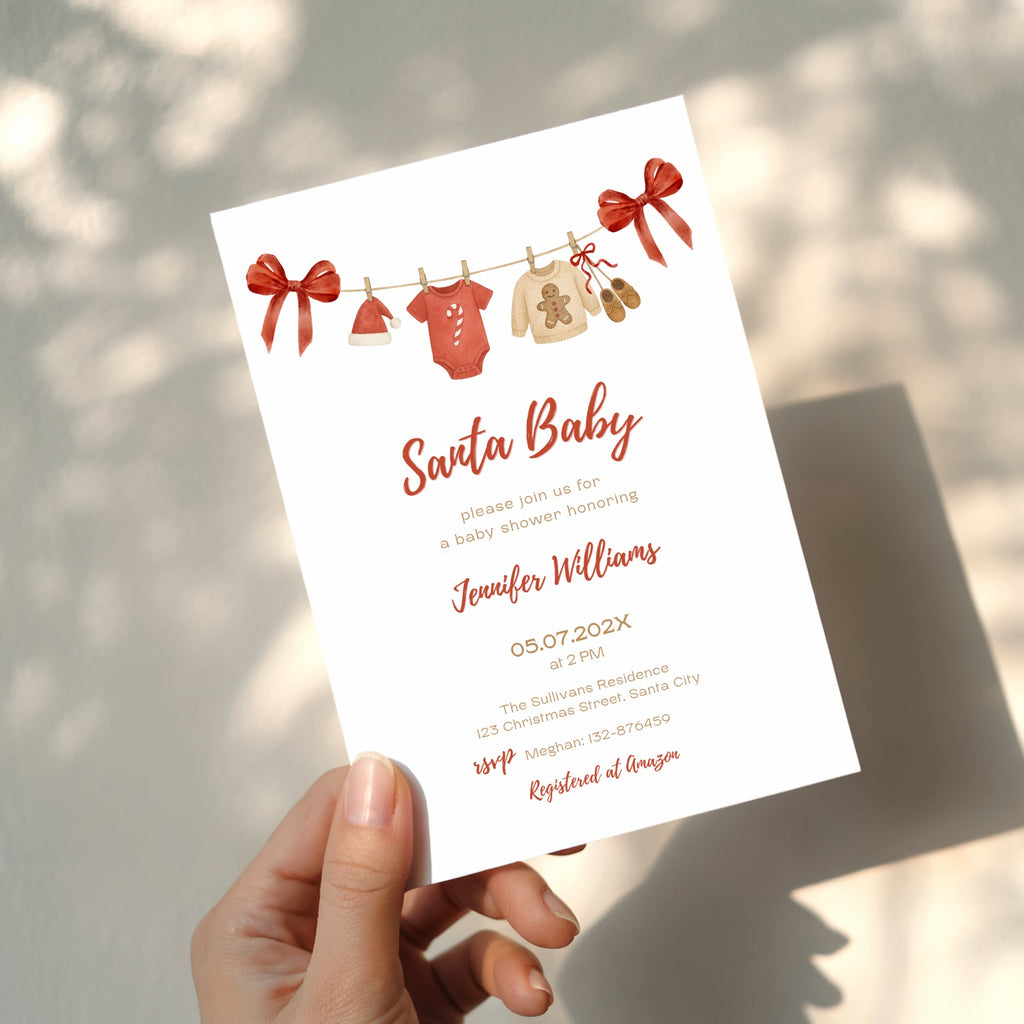santa baby shower invitation with red bows and watercolor baby clothesline illustration