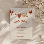 twin santa baby shower invitation with red bows and watercolor baby clothesline illustration