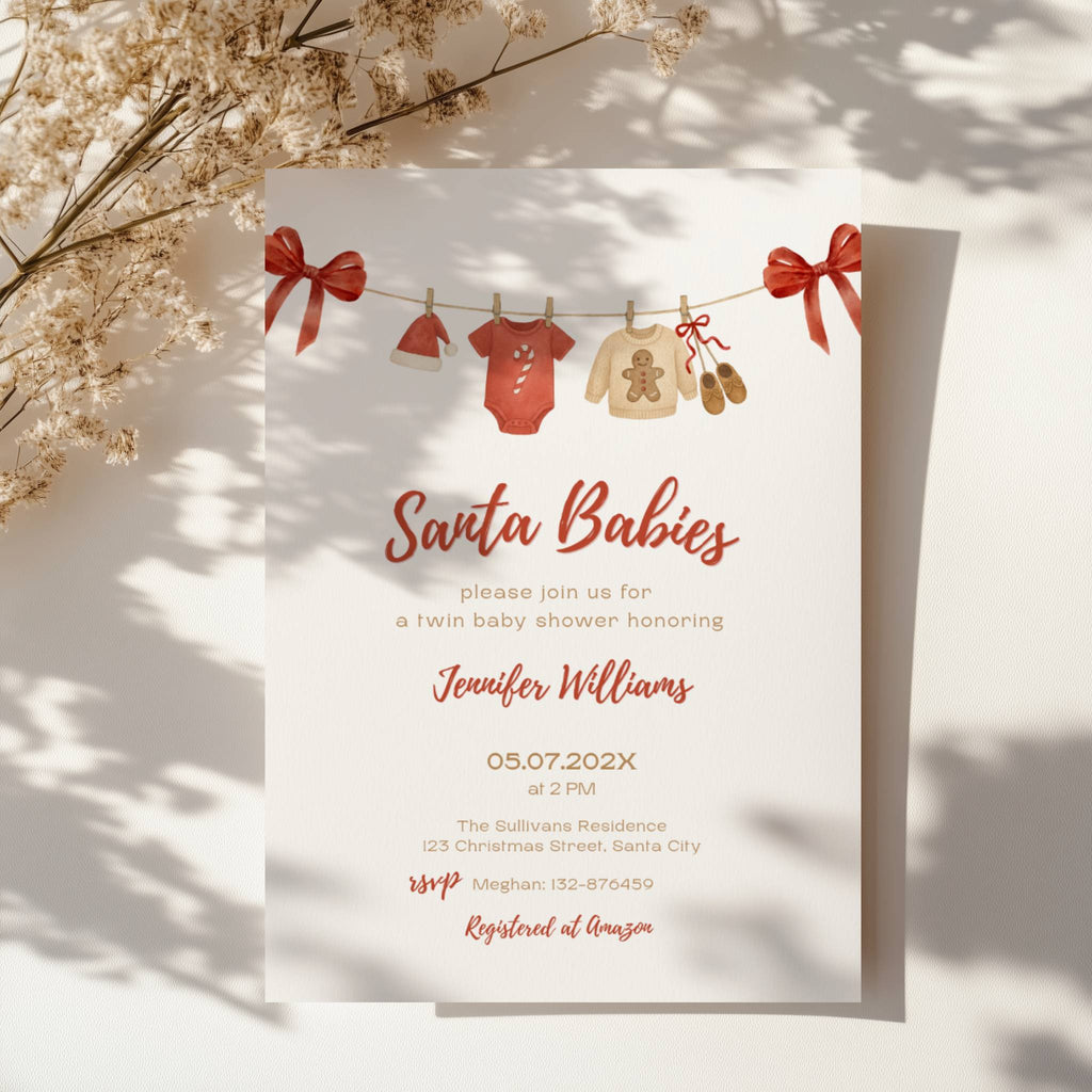 twin santa baby shower invitation with red bows and watercolor baby clothesline illustration