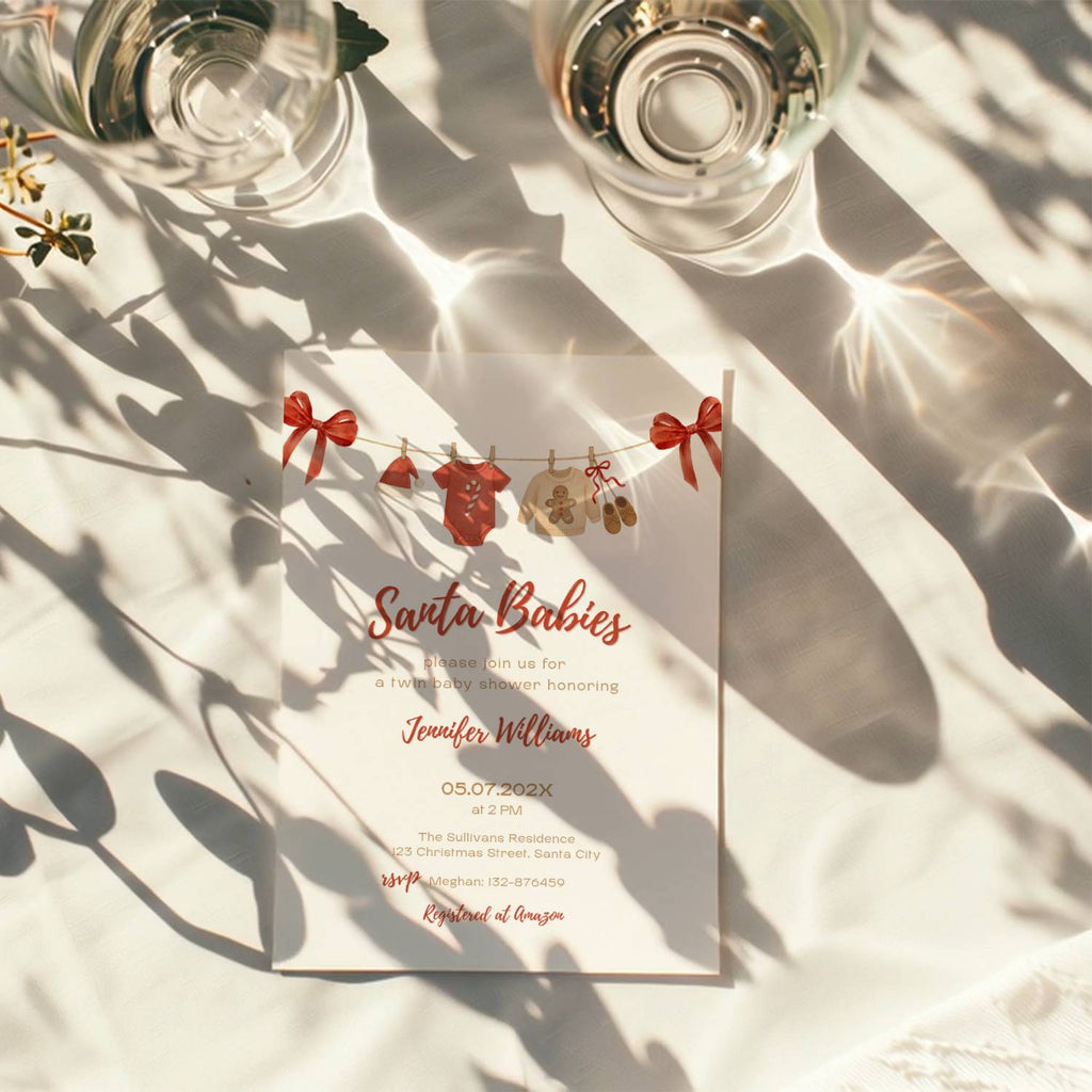 twin santa baby shower invitation with red bows and watercolor baby clothesline illustration