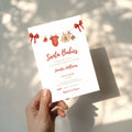 twin santa baby shower invitation with red bows and watercolor baby clothesline illustration