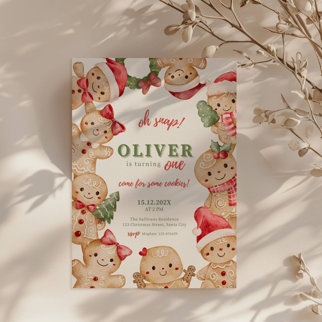 gingerbread first birthday invitation with cute cookie characters and christmas theme