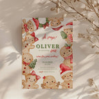gingerbread first birthday invitation with cute cookie characters and christmas theme