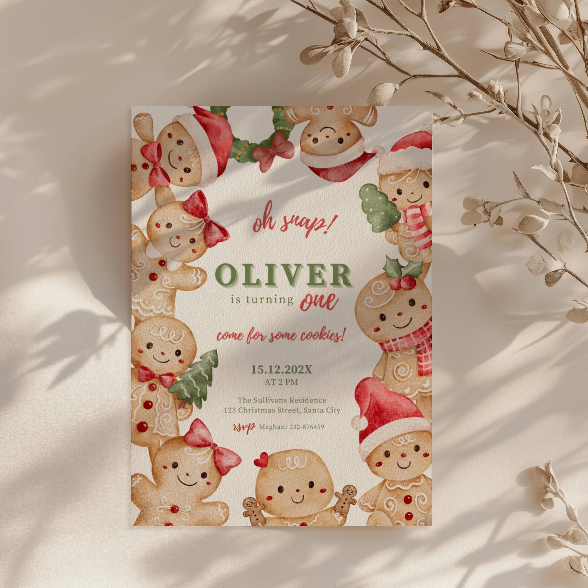 gingerbread first birthday invitation with cute cookie characters and christmas theme