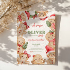 gingerbread first birthday invitation with cute cookie characters and christmas theme