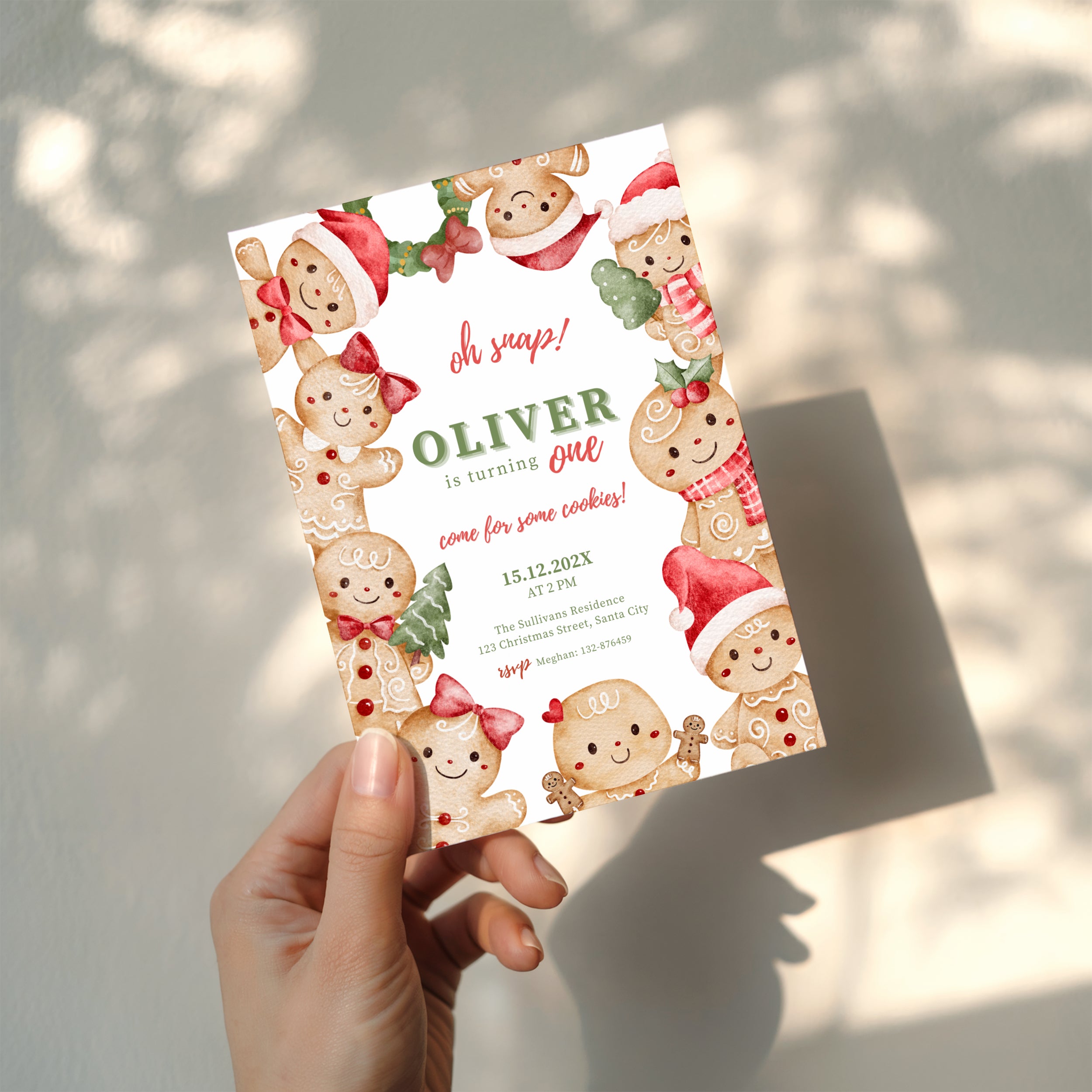 gingerbread first birthday invitation with cute cookie characters and christmas theme