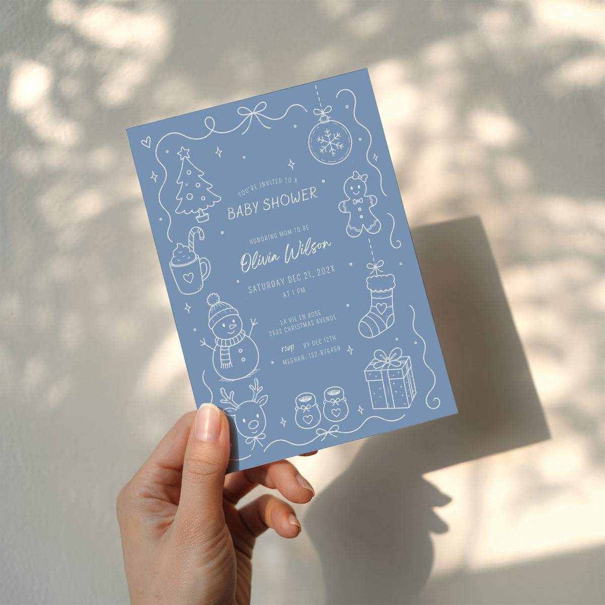 Christmas baby shower invitation with minimal blue line art design for a winter celebration