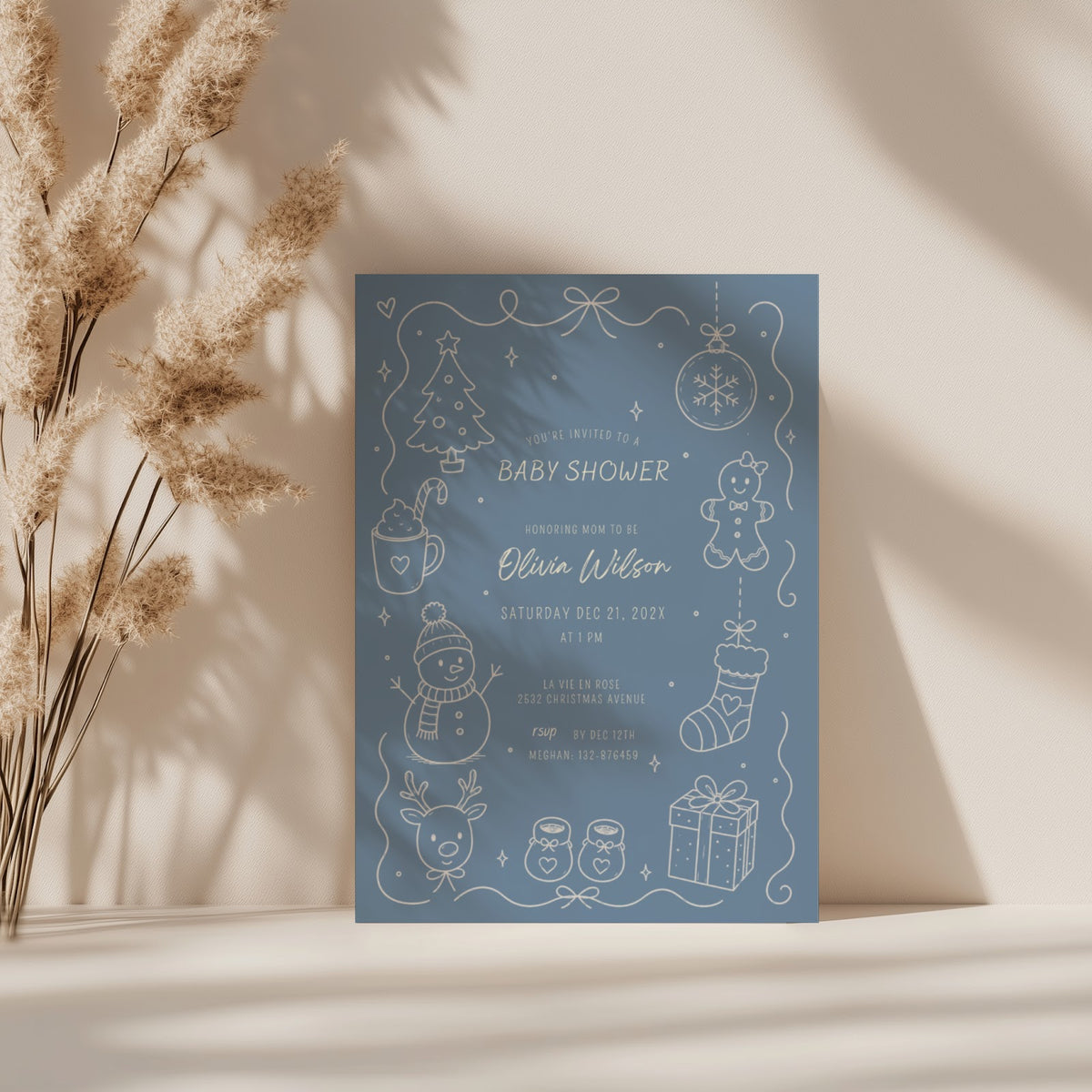 Christmas baby shower invitation with minimal blue line art design for a winter celebration