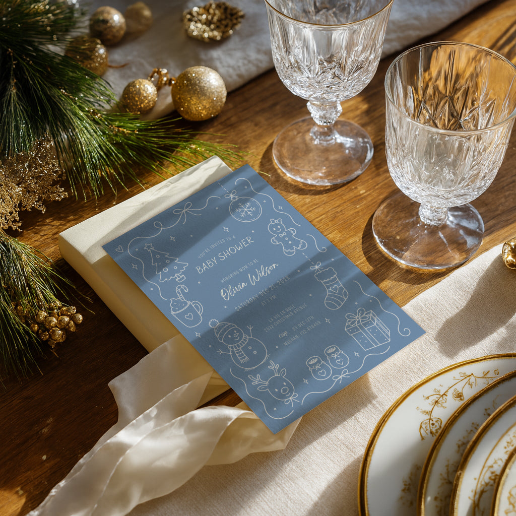 Christmas baby shower invitation with minimal blue line art design for a winter celebration