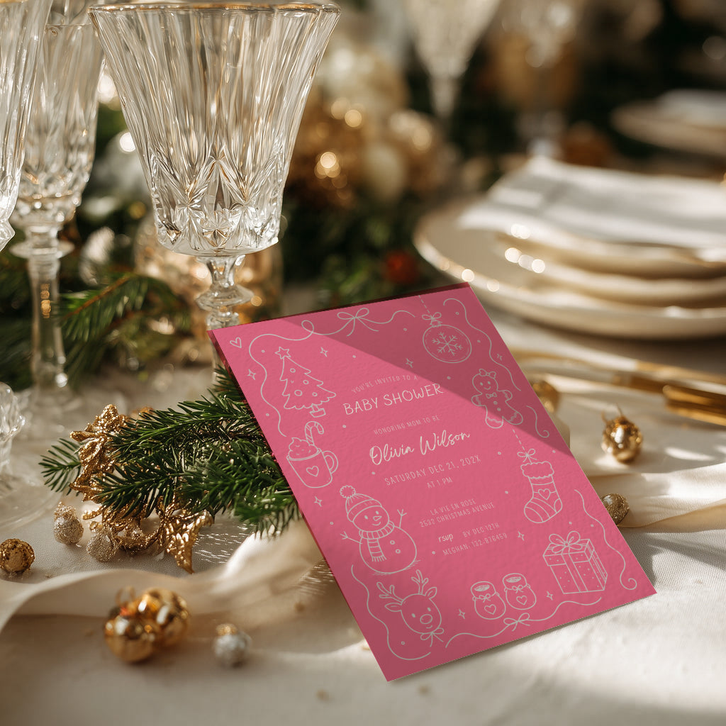 Christmas baby shower invitation with soft pink winter design for a festive celebration
