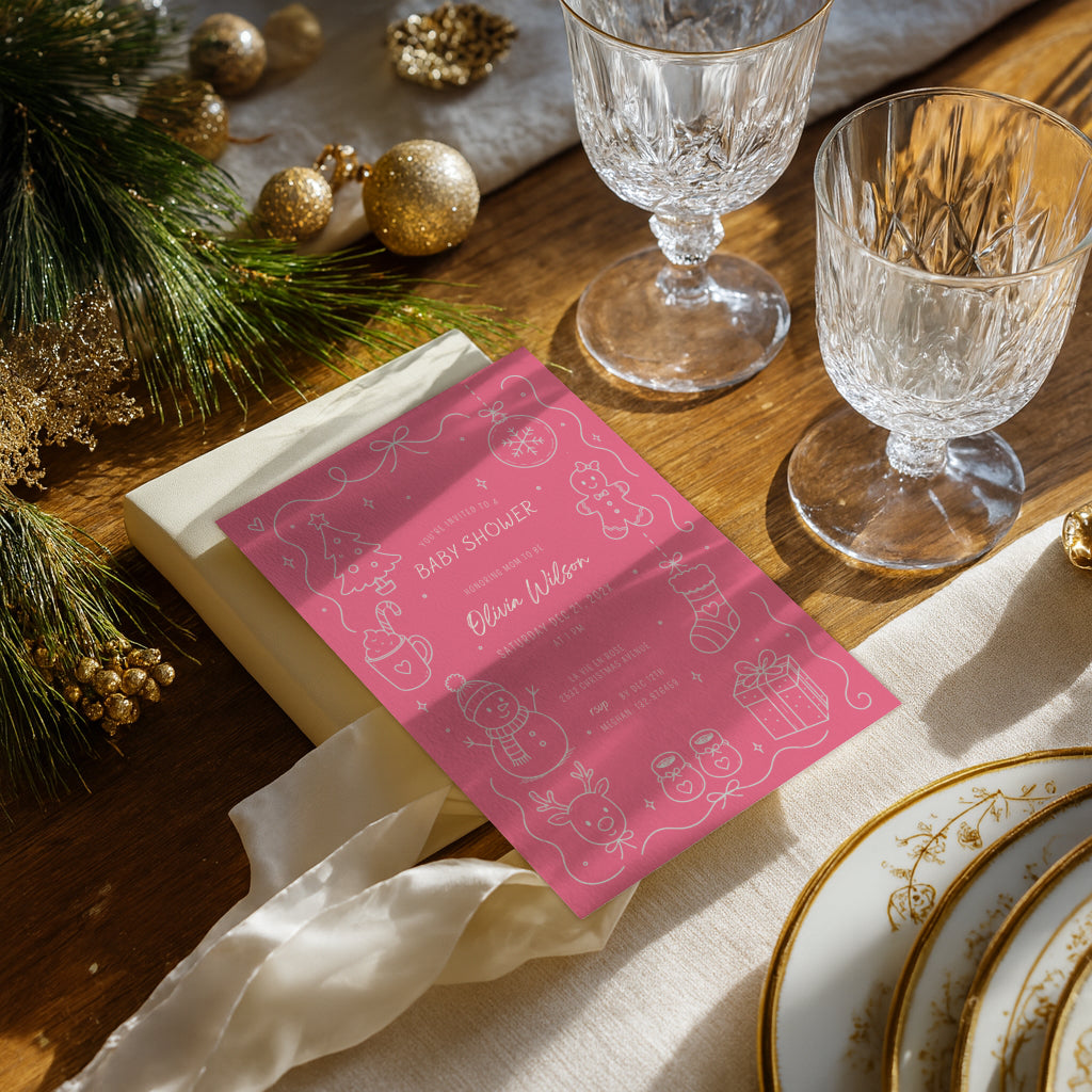 Christmas baby shower invitation with soft pink winter design for a festive celebration