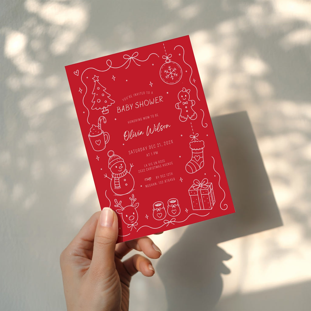 Christmas baby shower invitation with warm red winter design for a festive celebration