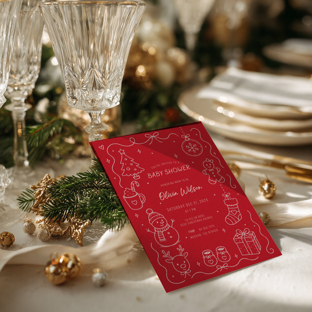 Christmas baby shower invitation with warm red winter design for a festive celebration