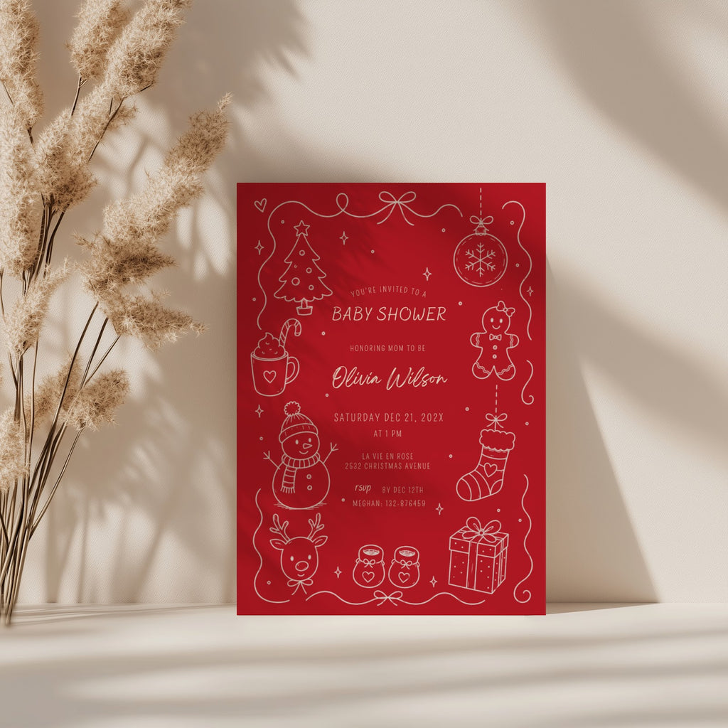 Christmas baby shower invitation with warm red winter design for a festive celebration