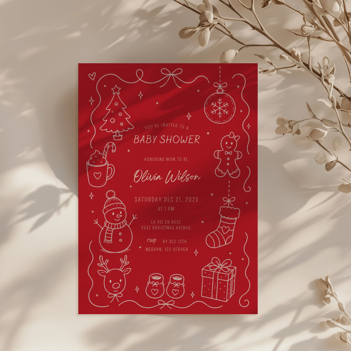 Christmas baby shower invitation with warm red winter design for a festive celebration