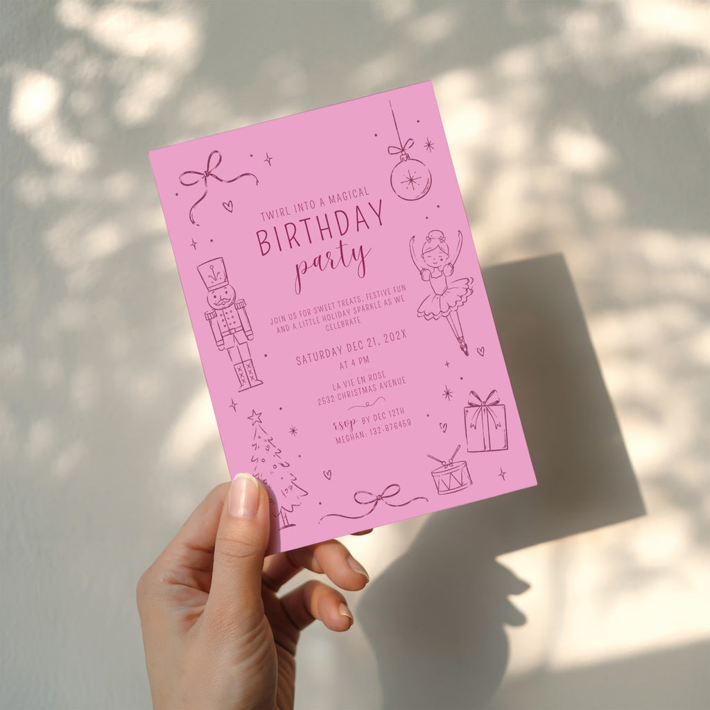 Christmas birthday party invitation with pink nutcracker ballerina illustration for a festive winter celebration