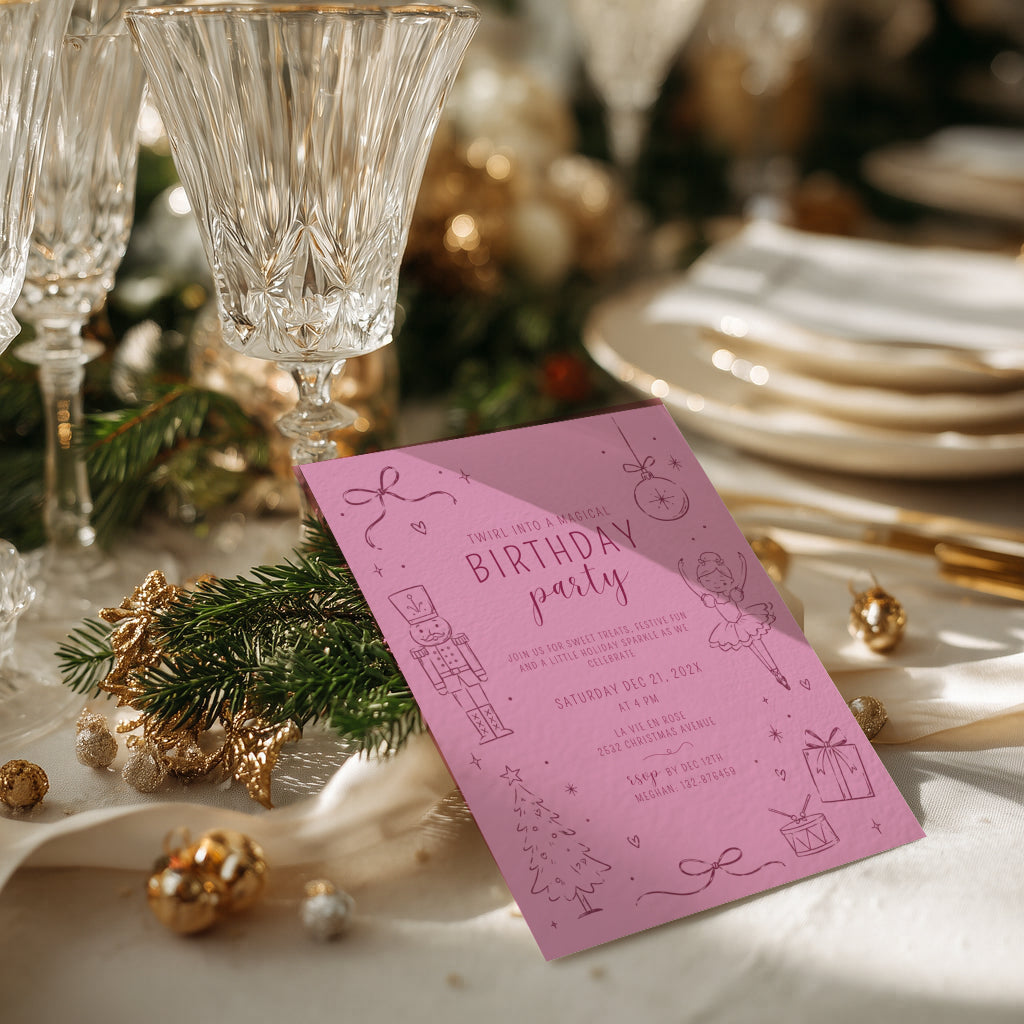 Christmas birthday party invitation with pink nutcracker ballerina illustration for a festive winter celebration