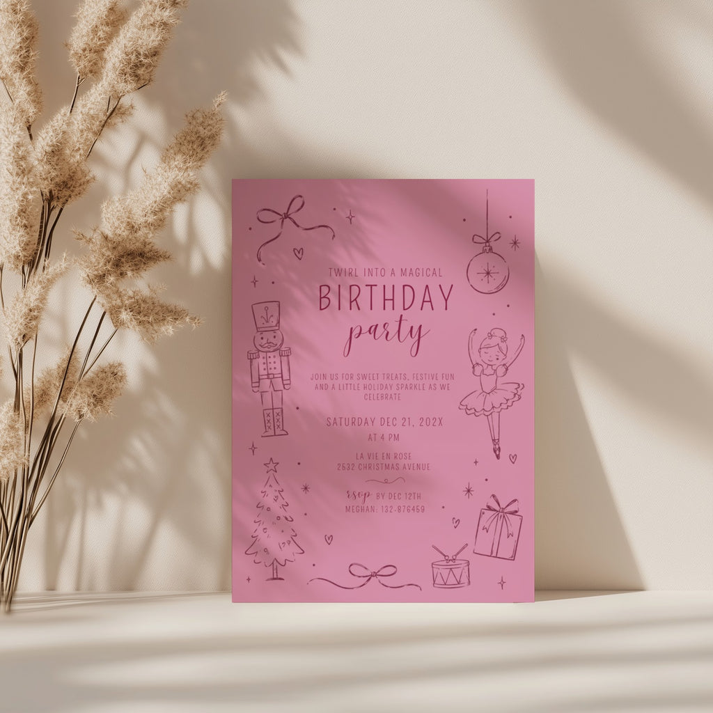 Christmas birthday party invitation with pink nutcracker ballerina illustration for a festive winter celebration