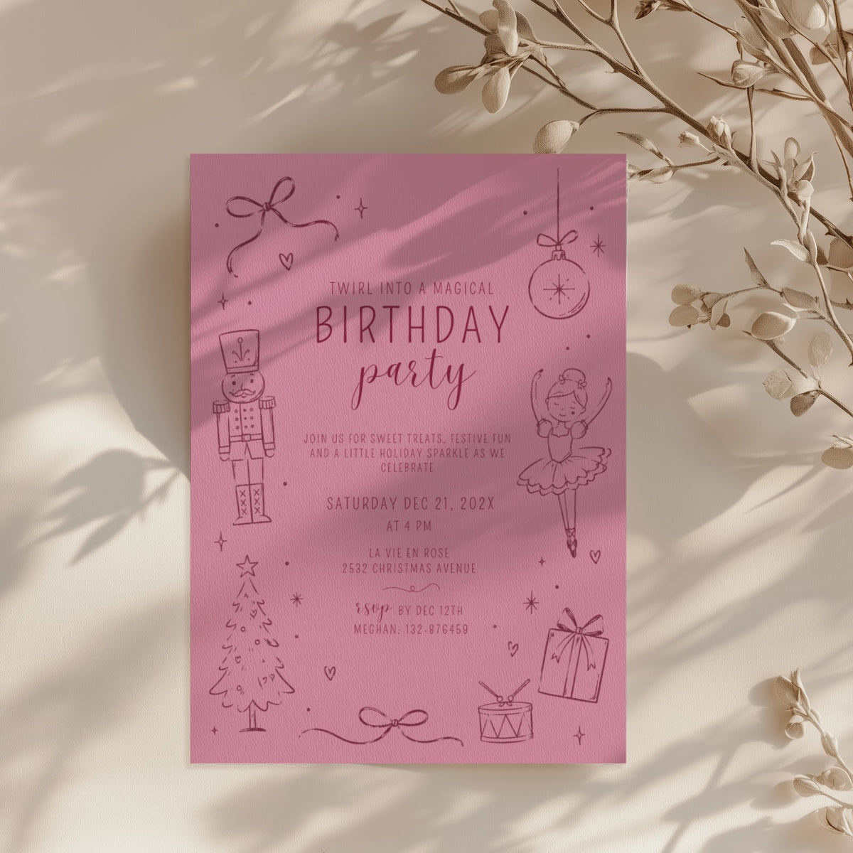 Christmas birthday party invitation with pink nutcracker ballerina illustration for a festive winter celebration