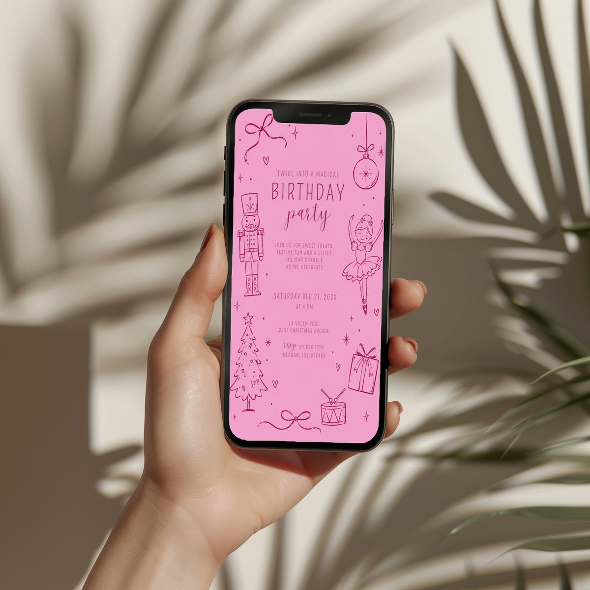 Christmas birthday party invitation with pink nutcracker ballerina illustration, digital phone invitation version for a festive winter celebration