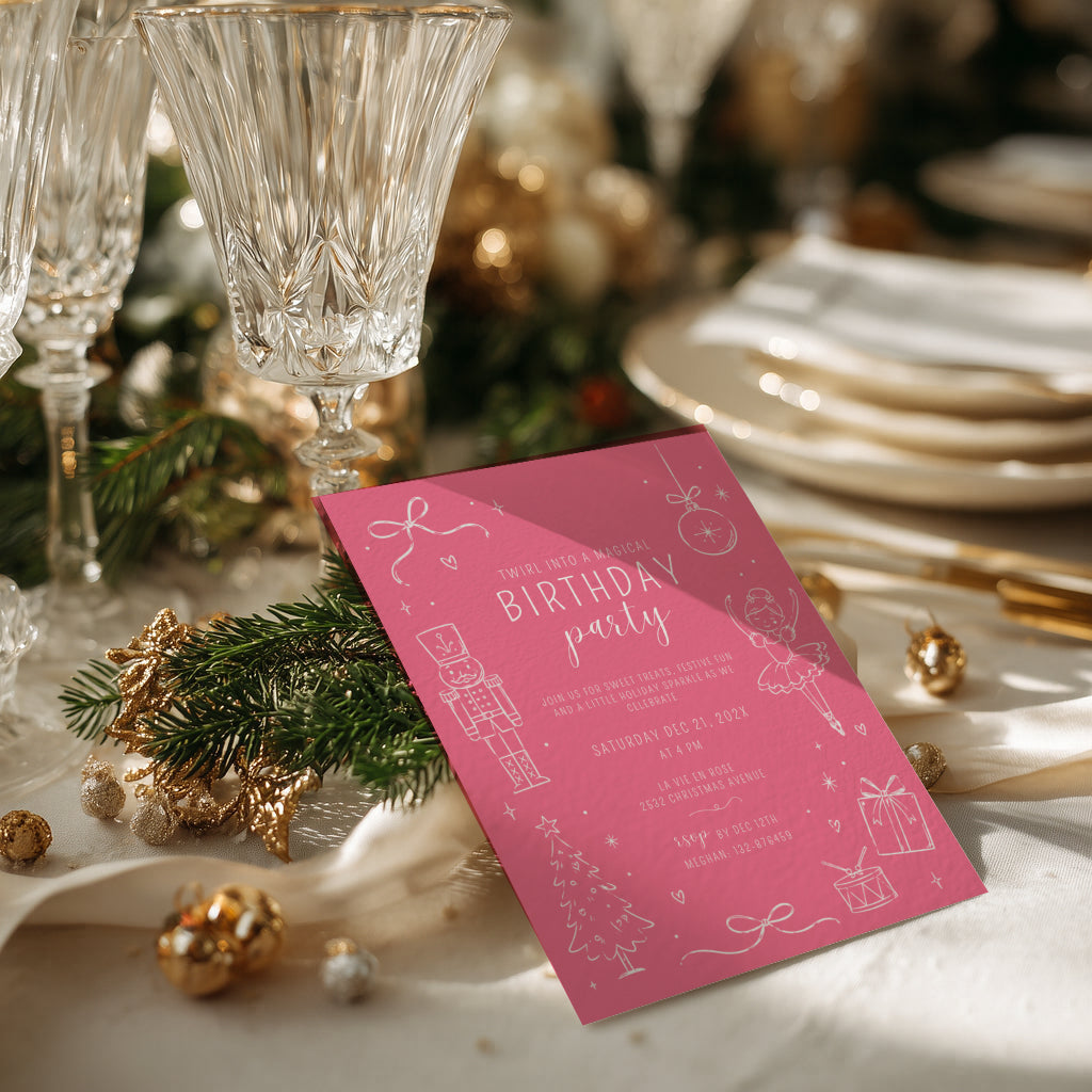Christmas birthday party invitation with pink nutcracker ballerina illustration and white text for a festive winter celebration