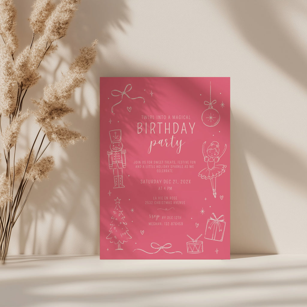 Christmas birthday party invitation with pink nutcracker ballerina illustration and white text for a festive winter celebration