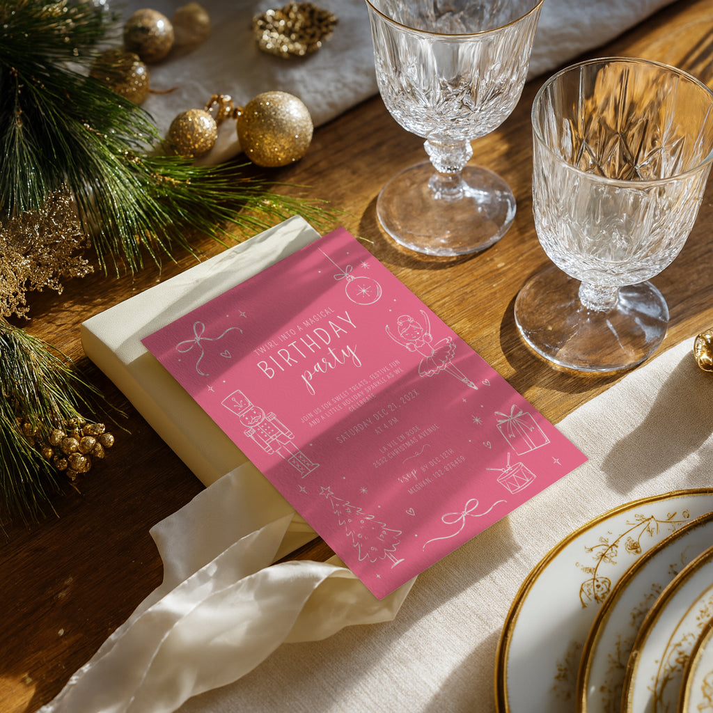 Christmas birthday party invitation with pink nutcracker ballerina illustration and white text for a festive winter celebration