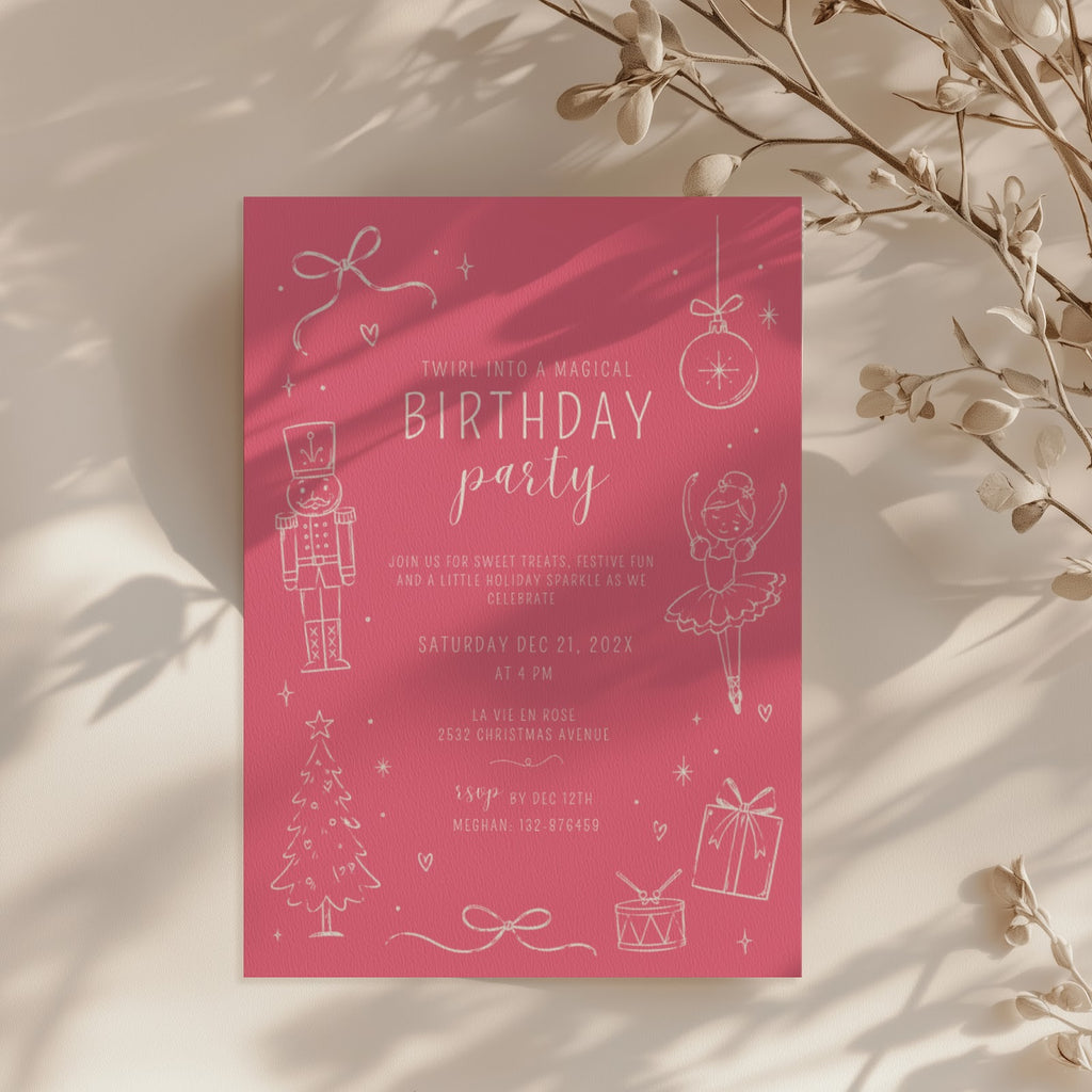 Christmas birthday party invitation with pink nutcracker ballerina illustration and white text for a festive winter celebration
