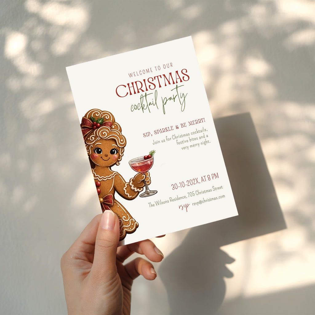 Christmas cocktail party invitation with gingerbread girl illustration for a festive holiday celebration