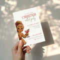 Christmas cocktail party invitation with gingerbread girl illustration for a festive holiday celebration