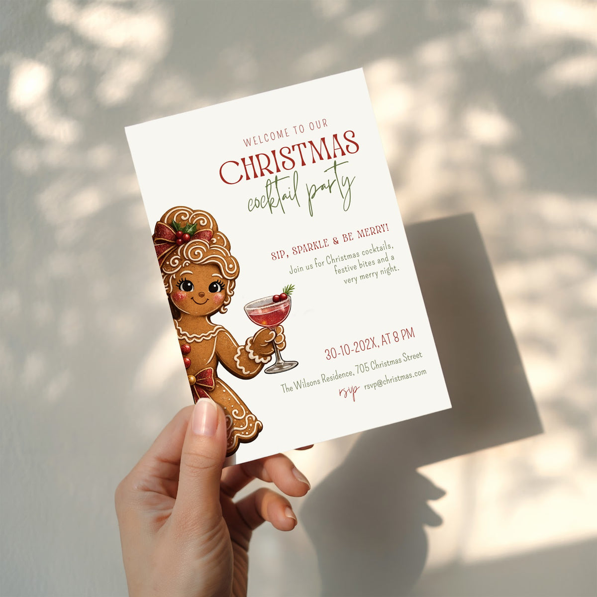 Christmas cocktail party invitation with gingerbread girl illustration for a festive holiday celebration