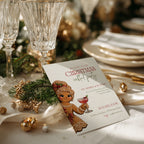 Christmas cocktail party invitation with gingerbread girl illustration for a festive holiday celebration
