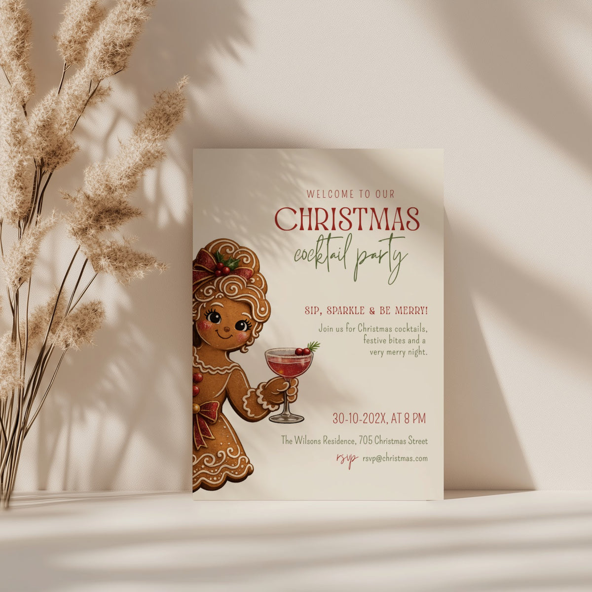 Christmas cocktail party invitation with gingerbread girl illustration for a festive holiday celebration