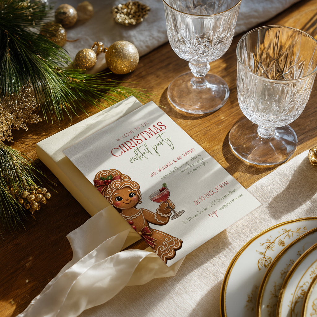 Christmas cocktail party invitation with gingerbread girl illustration for a festive holiday celebration