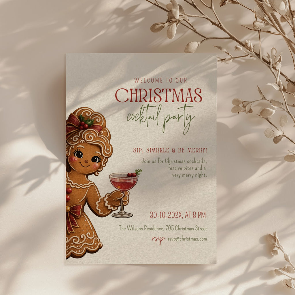 Christmas cocktail party invitation with gingerbread girl illustration for a festive holiday celebration