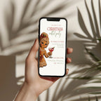 Christmas cocktail party invitation with gingerbread girl illustration, digital phone invitation version for a festive holiday celebration