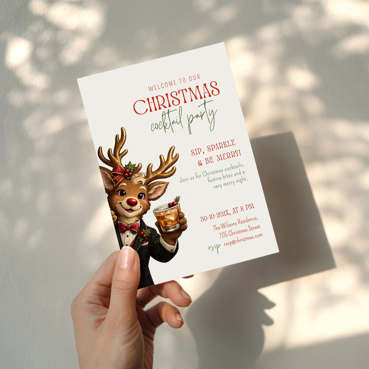 Christmas cocktail party invitation with reindeer illustration for a festive holiday celebration